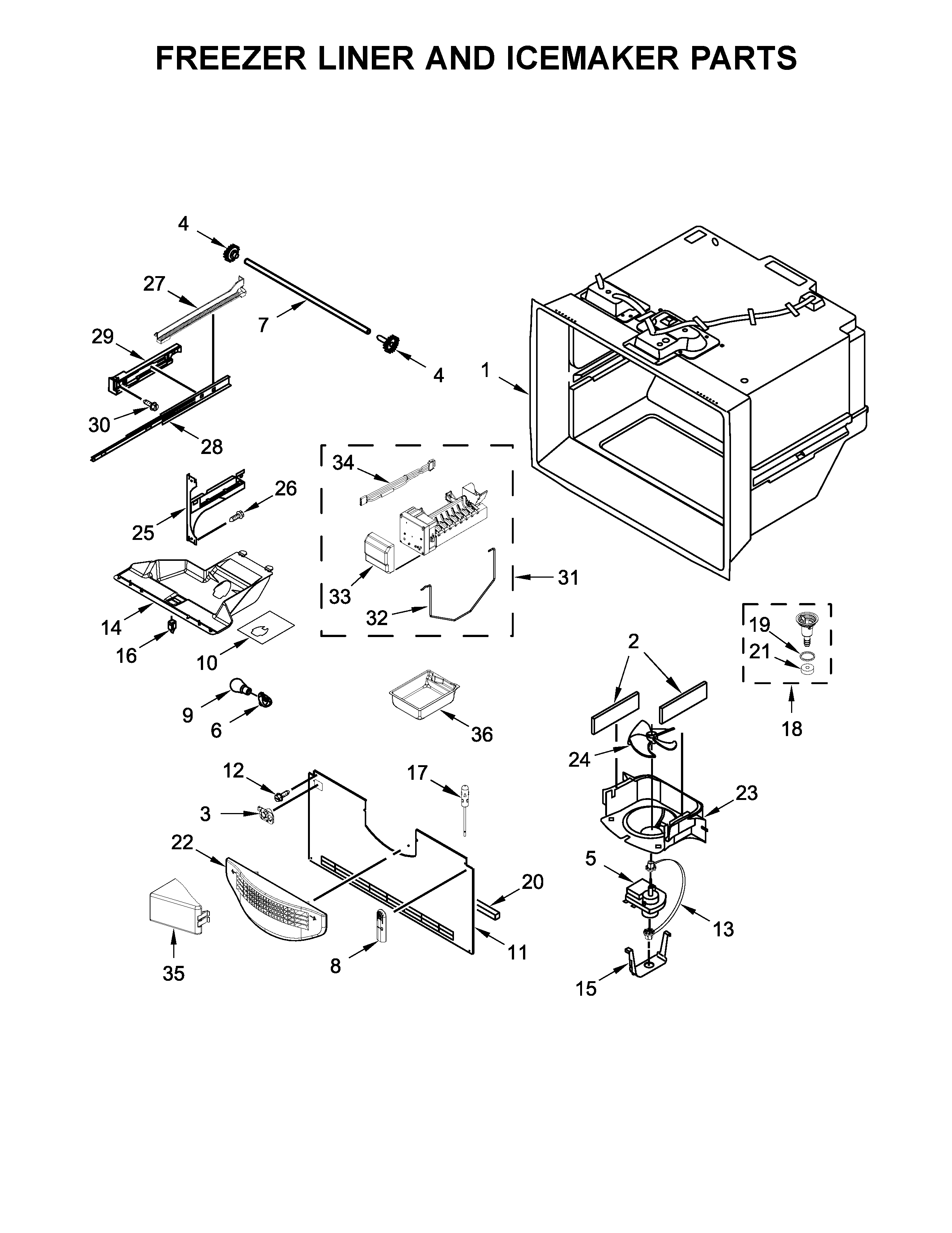 Freezer liner and icemaker parts