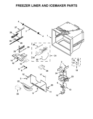 Freezer liner and icemaker parts