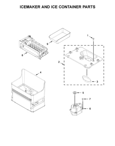 Icemaker and ice container parts