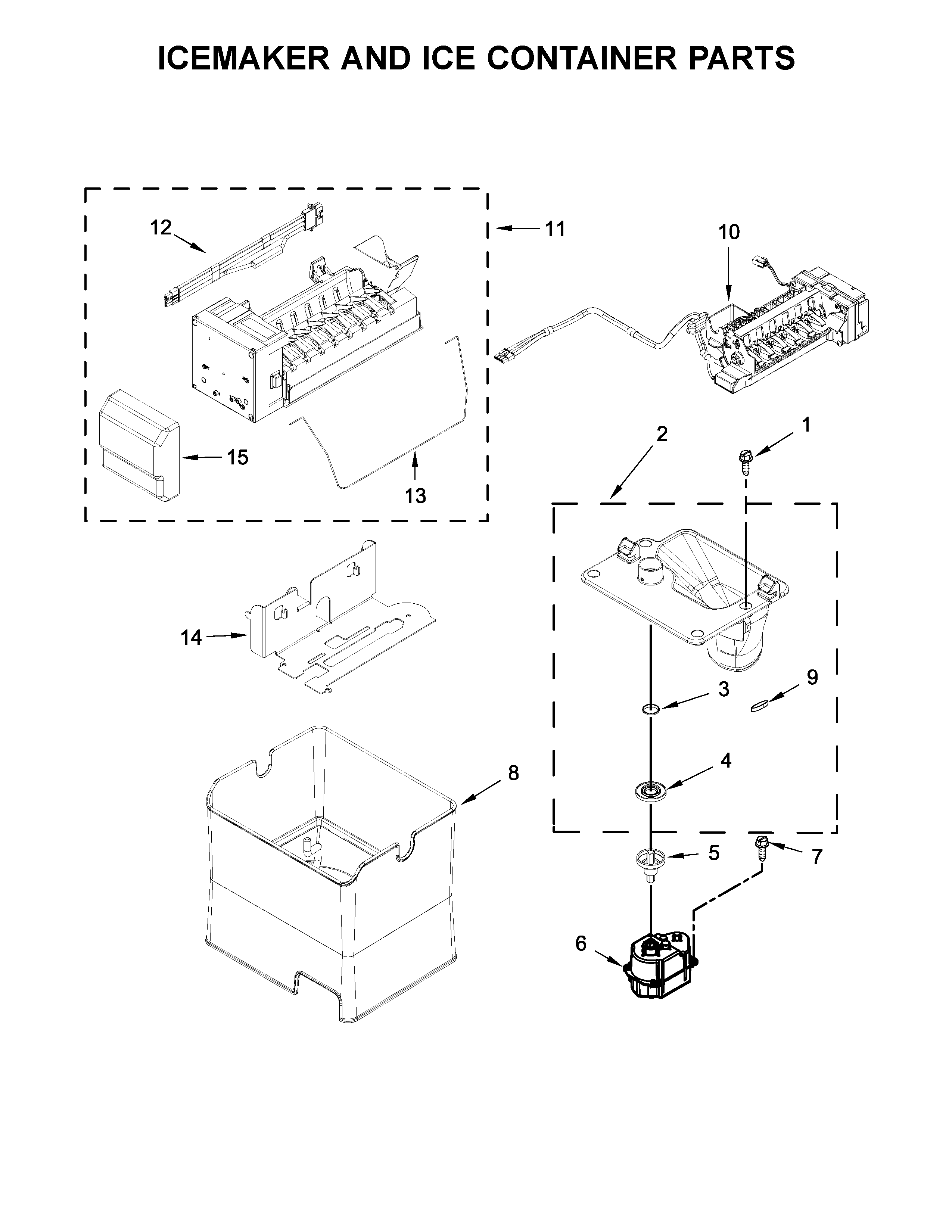 Icemaker and ice container parts
