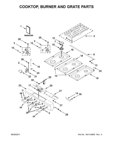 Cooktop, burner and grate parts