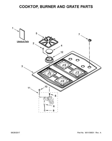 Cooktop, burner and grate parts