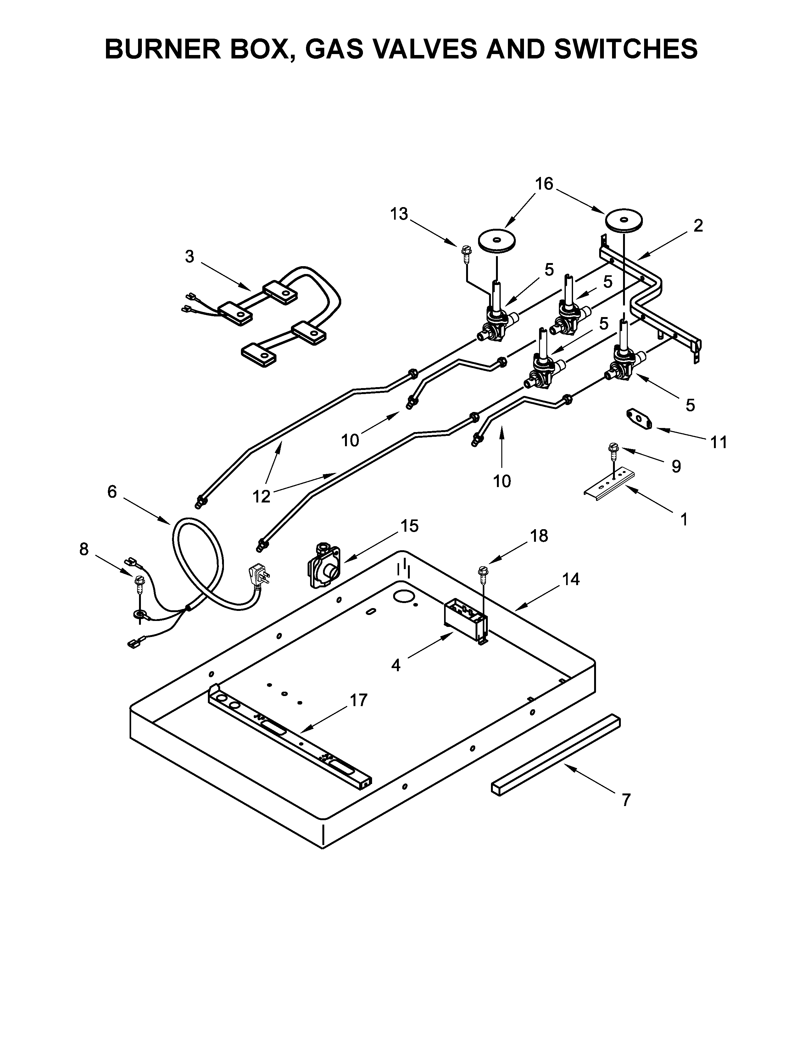 BURNER BOX, GAS VALVES AND SWITCHES