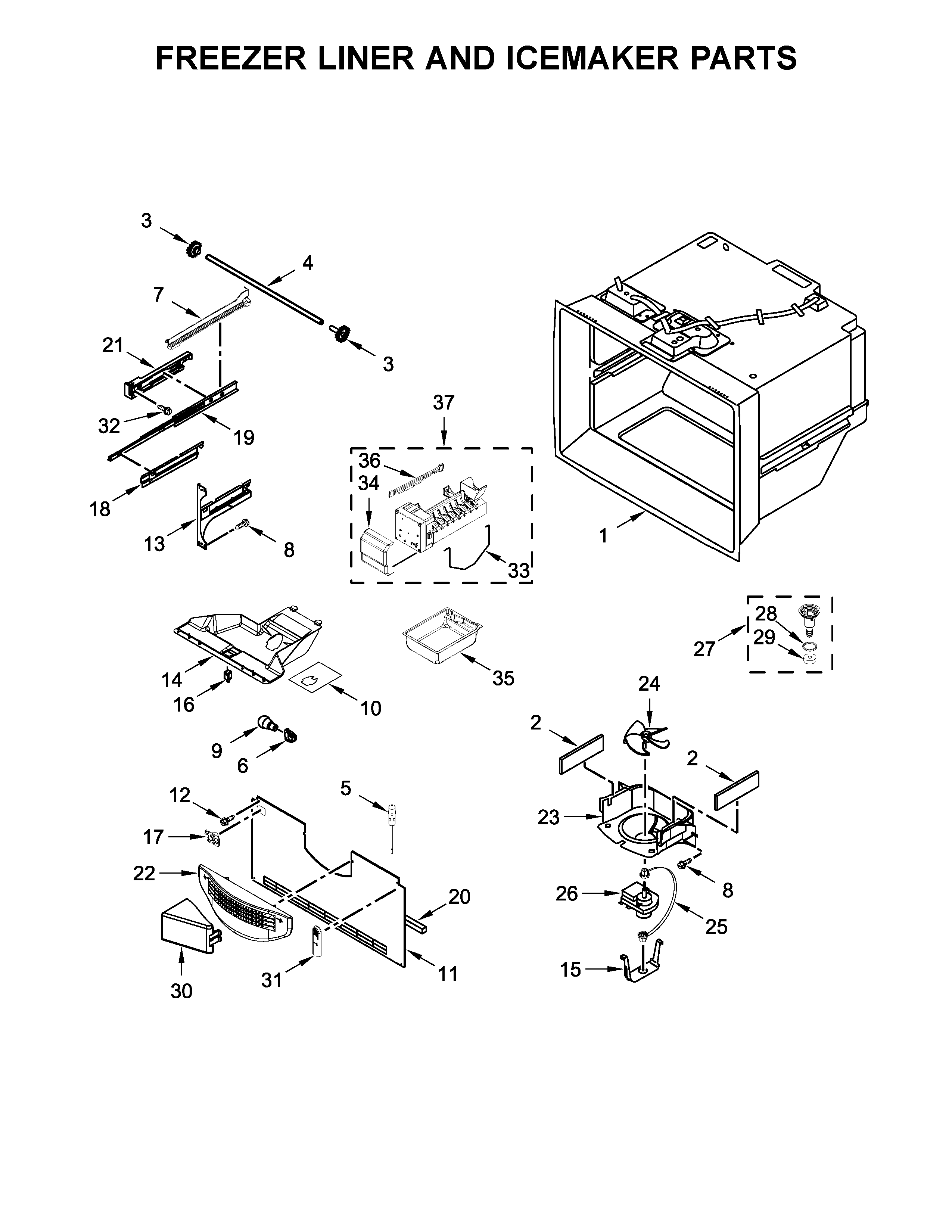 Freezer liner and icemaker parts