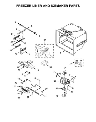 Freezer liner and icemaker parts