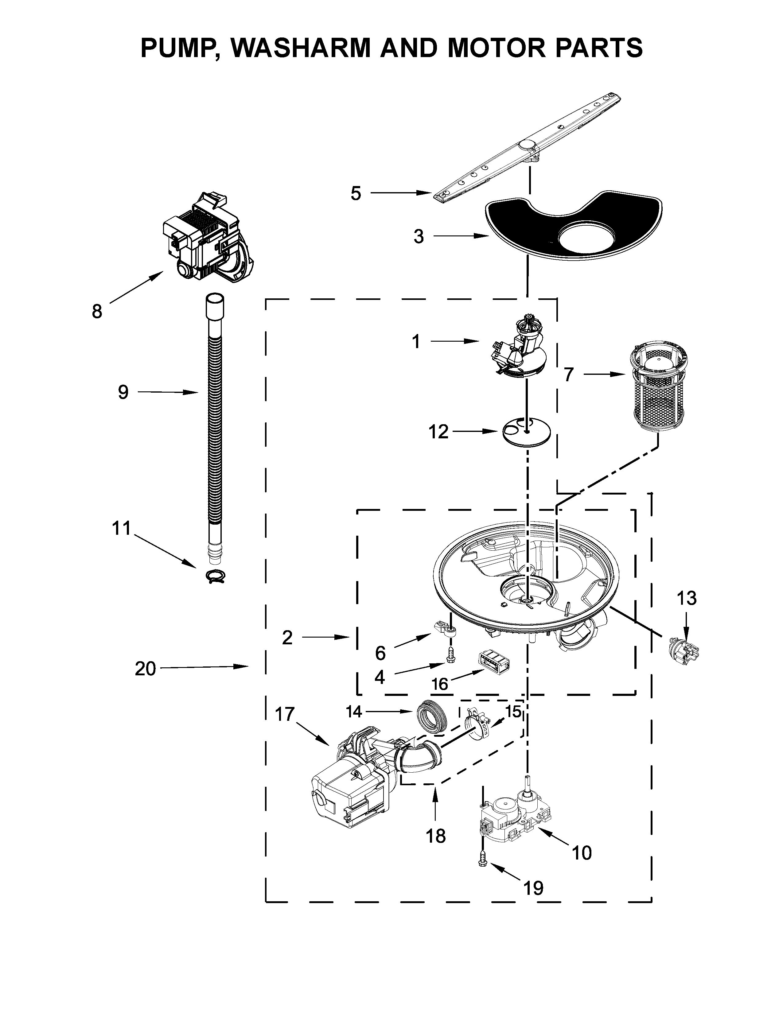 Pump, washarm and motor parts