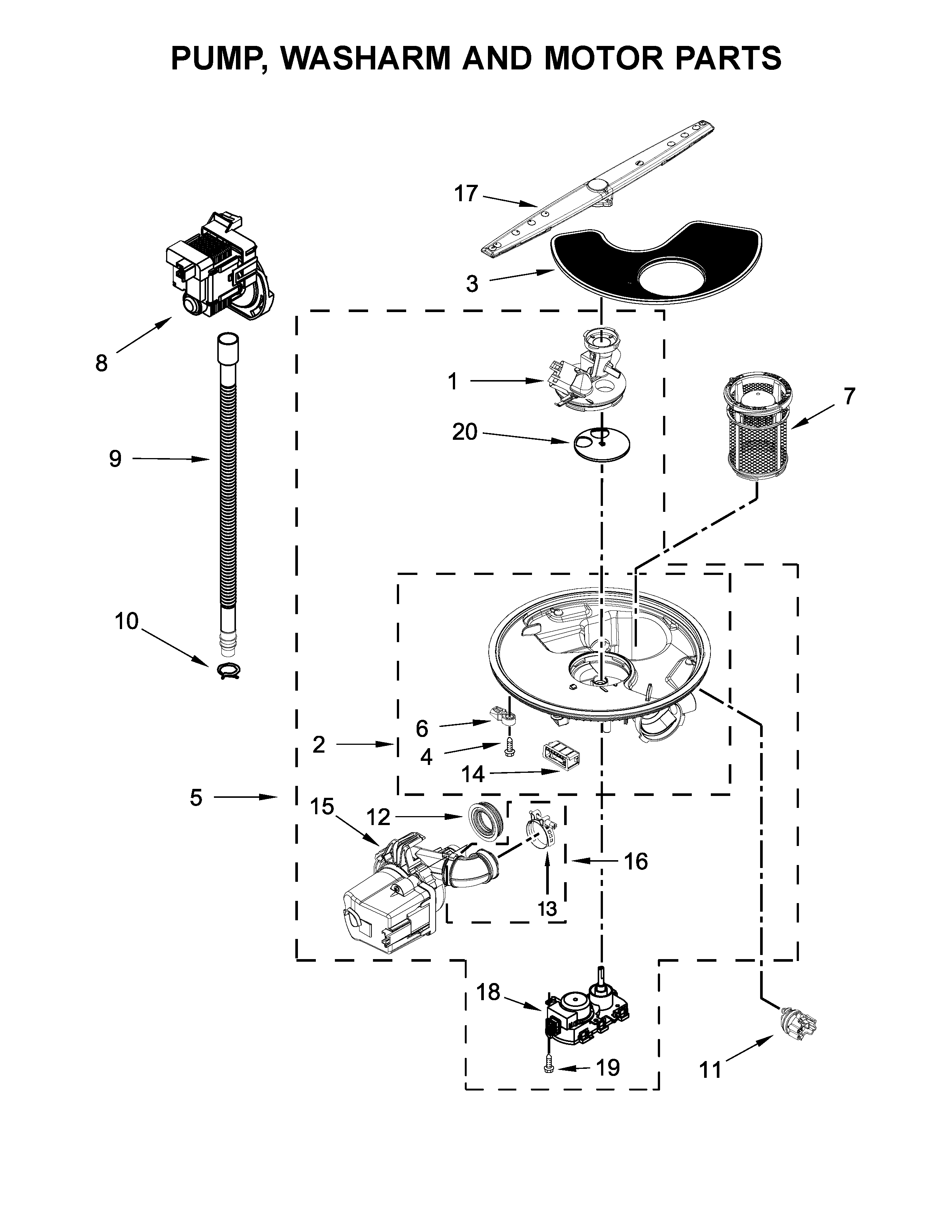 Pump, washarm and motor parts