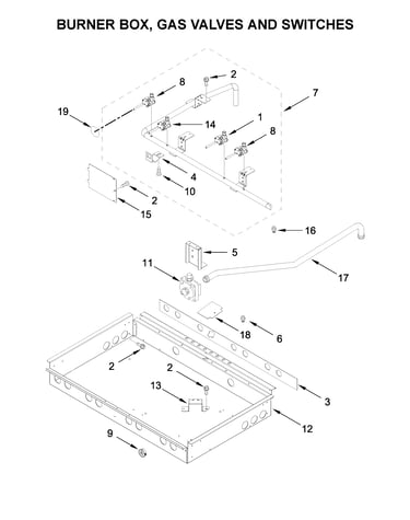 Burner box, gas valves and switches