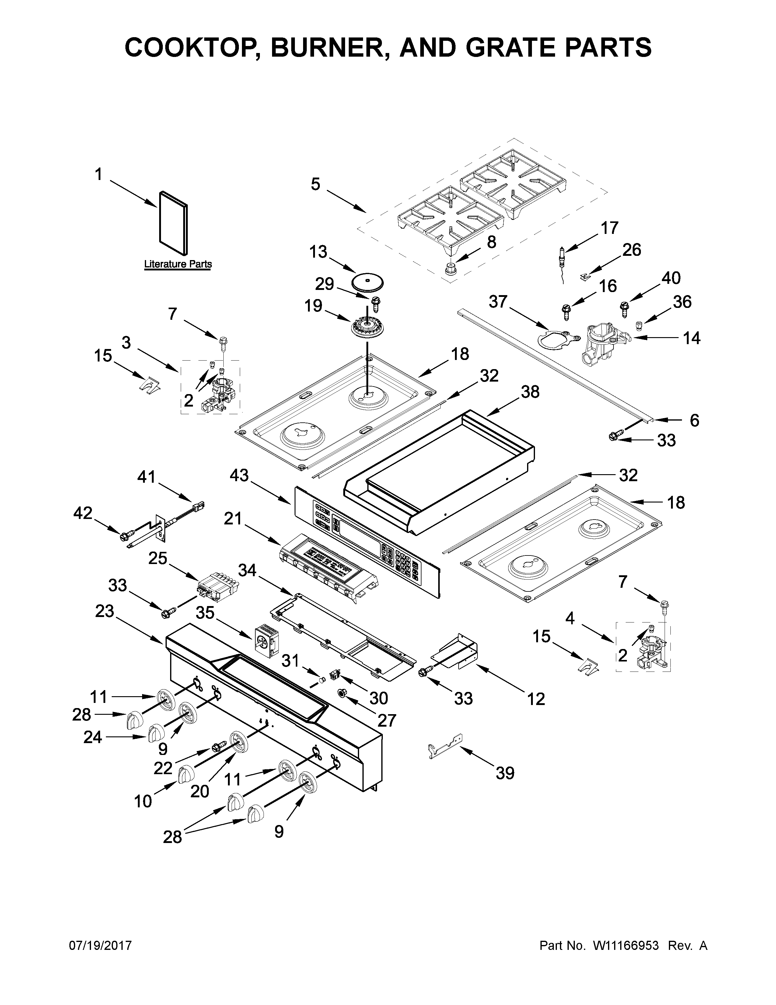 Cooktop, burner, and grate parts