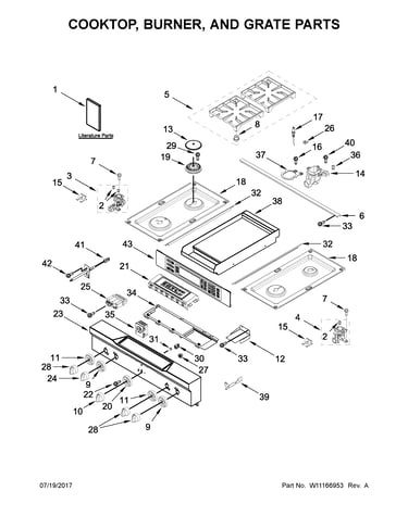 Cooktop, burner, and grate parts