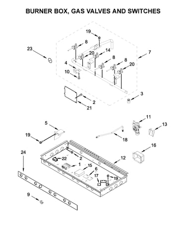 Burner box, gas valves and switches