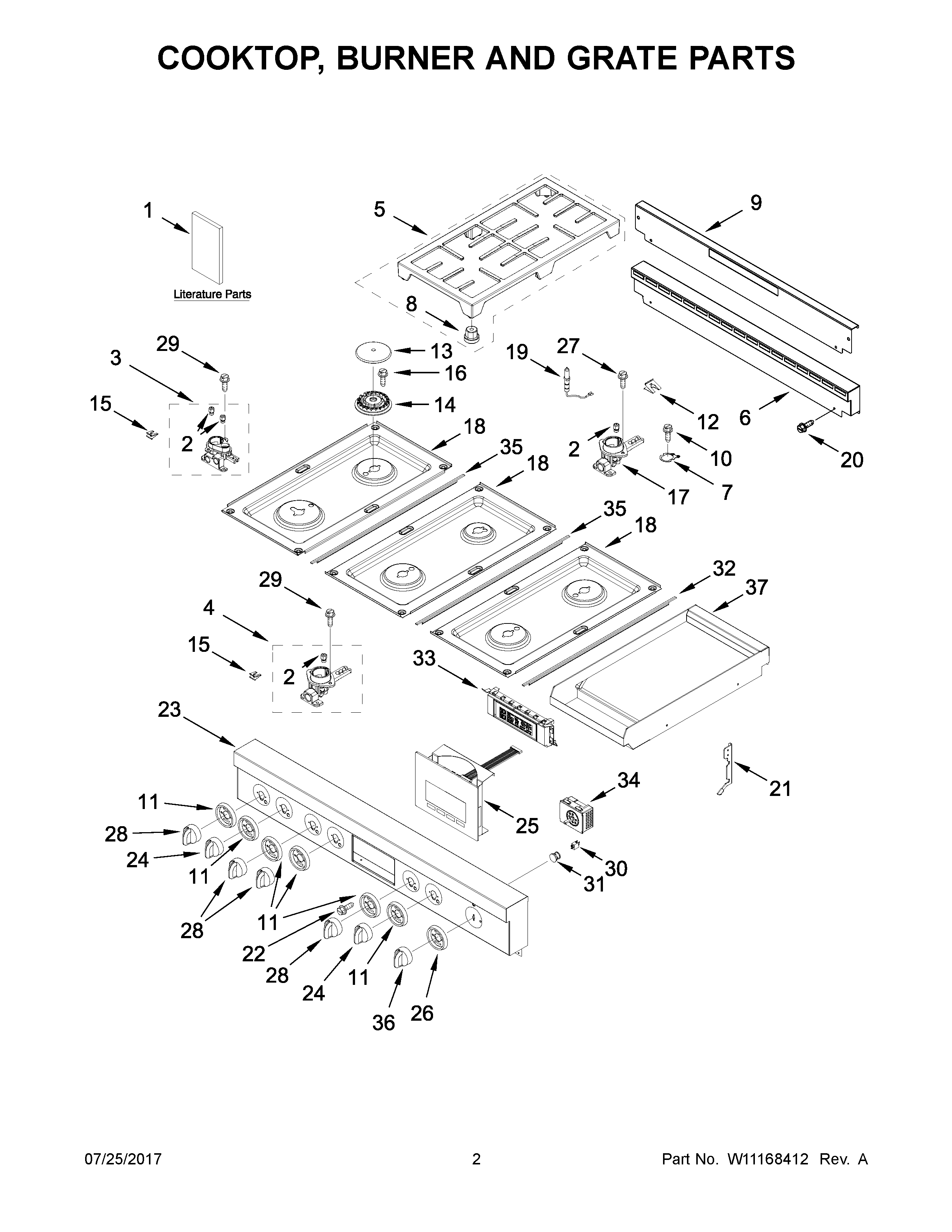 Cooktop, burner and grate parts