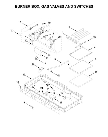 Burner box, gas valves and switches