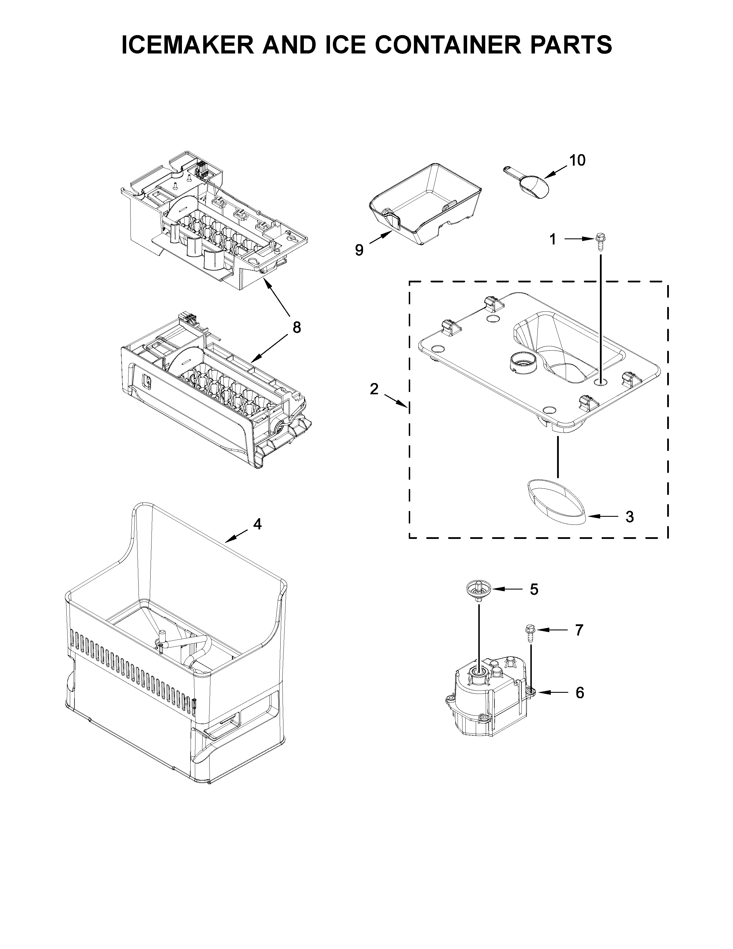 Icemaker and ice container parts