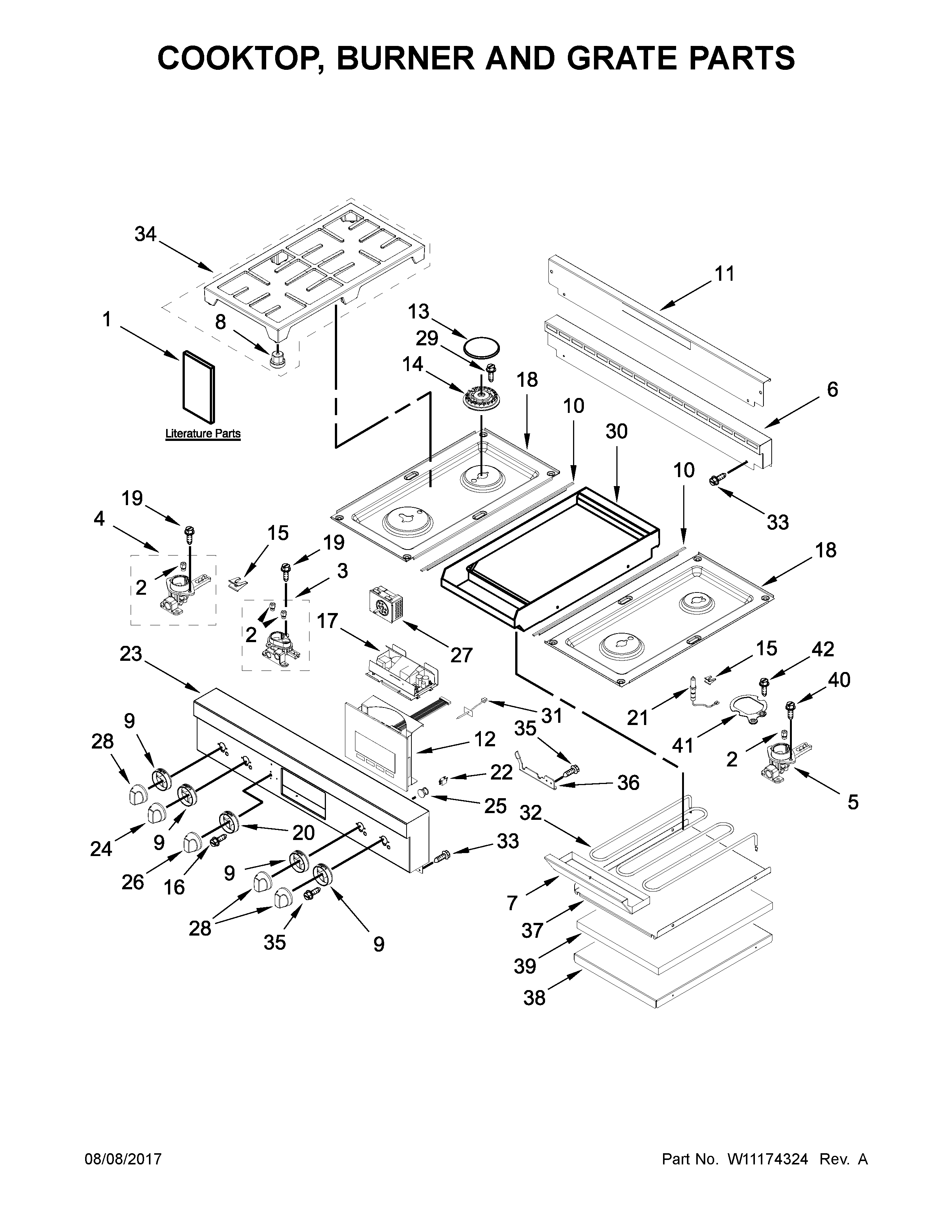 Cooktop, burner and grate parts