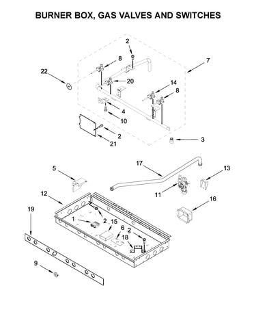 Burner box, gas valves and switches