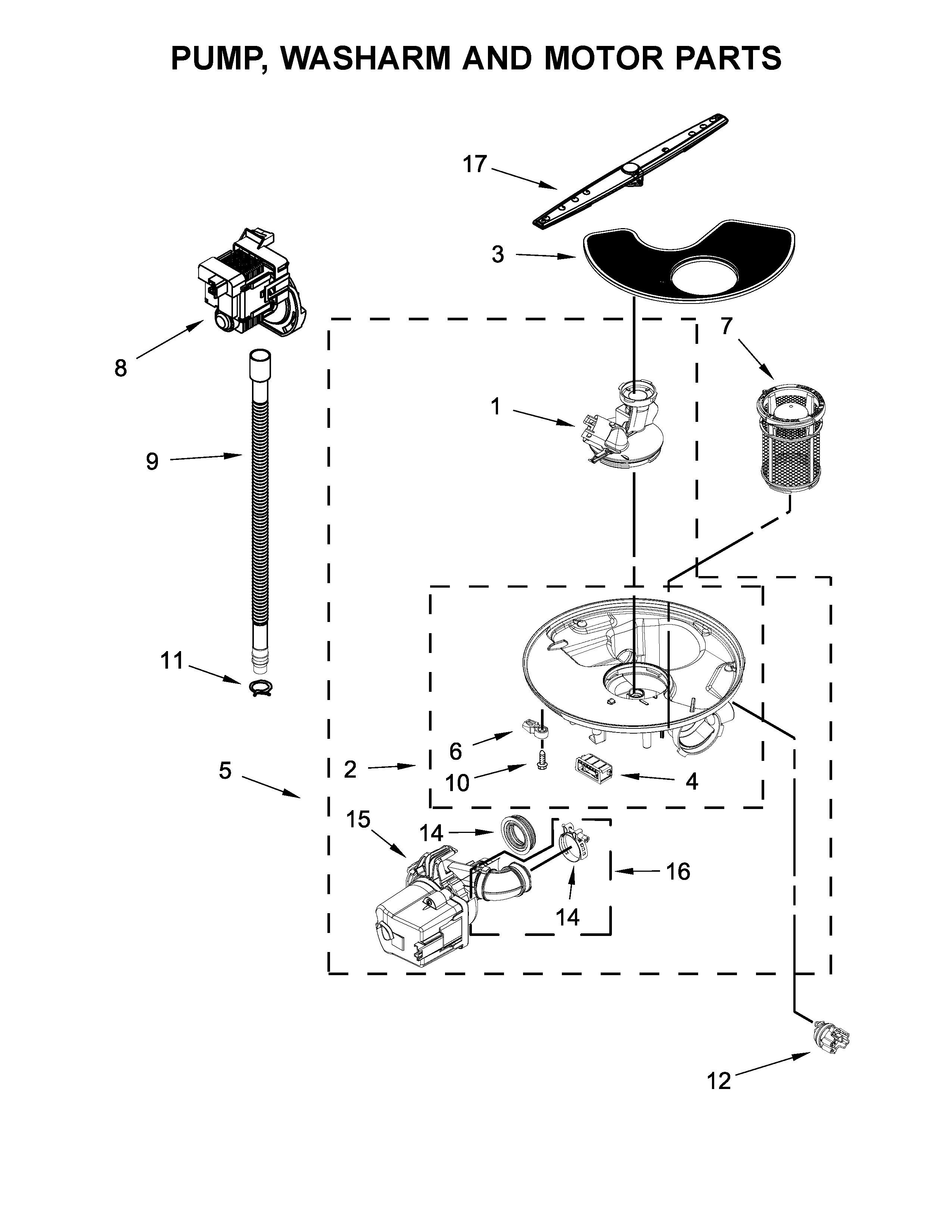 Pump, washarm and motor parts