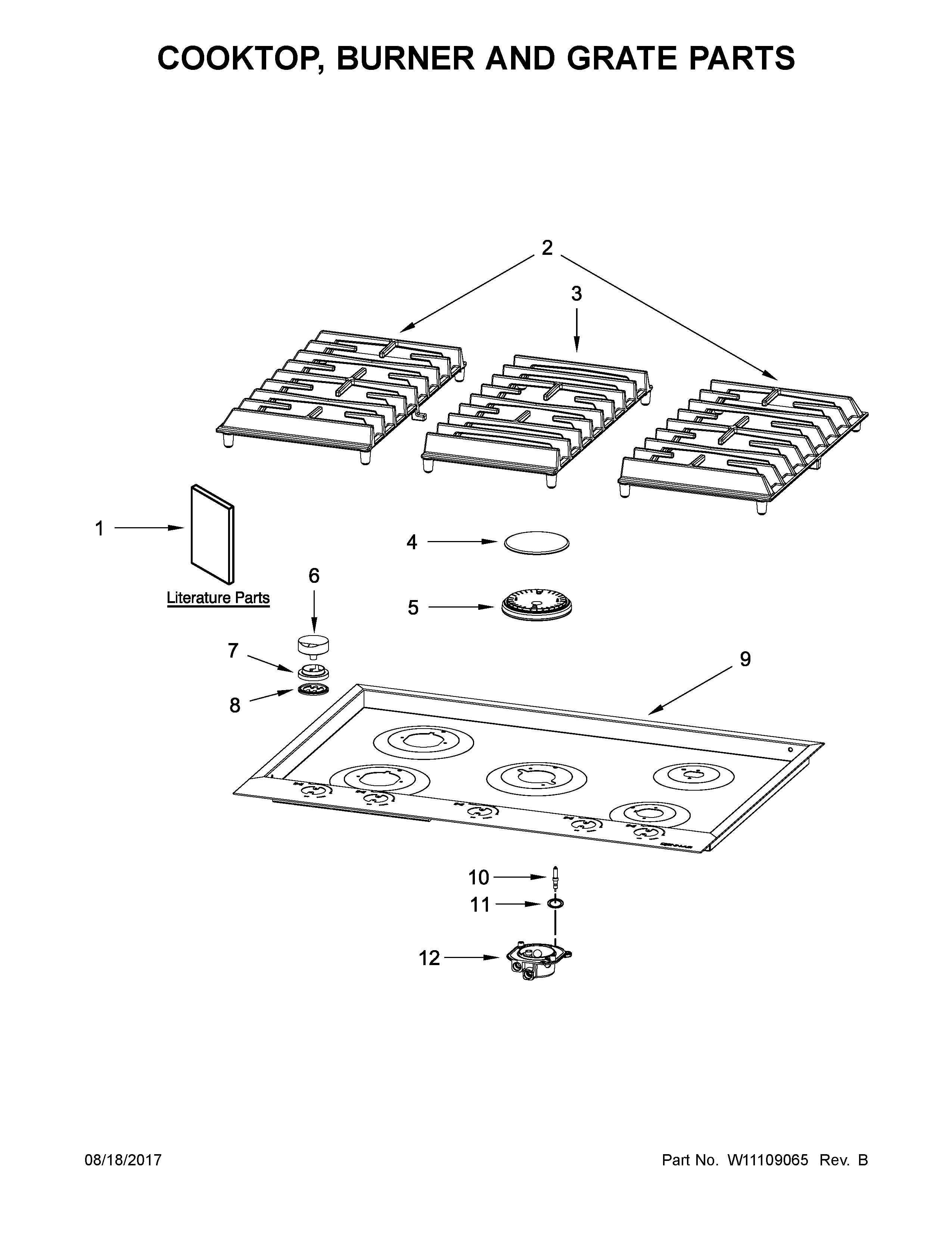 Cooktop, burner and grate parts
