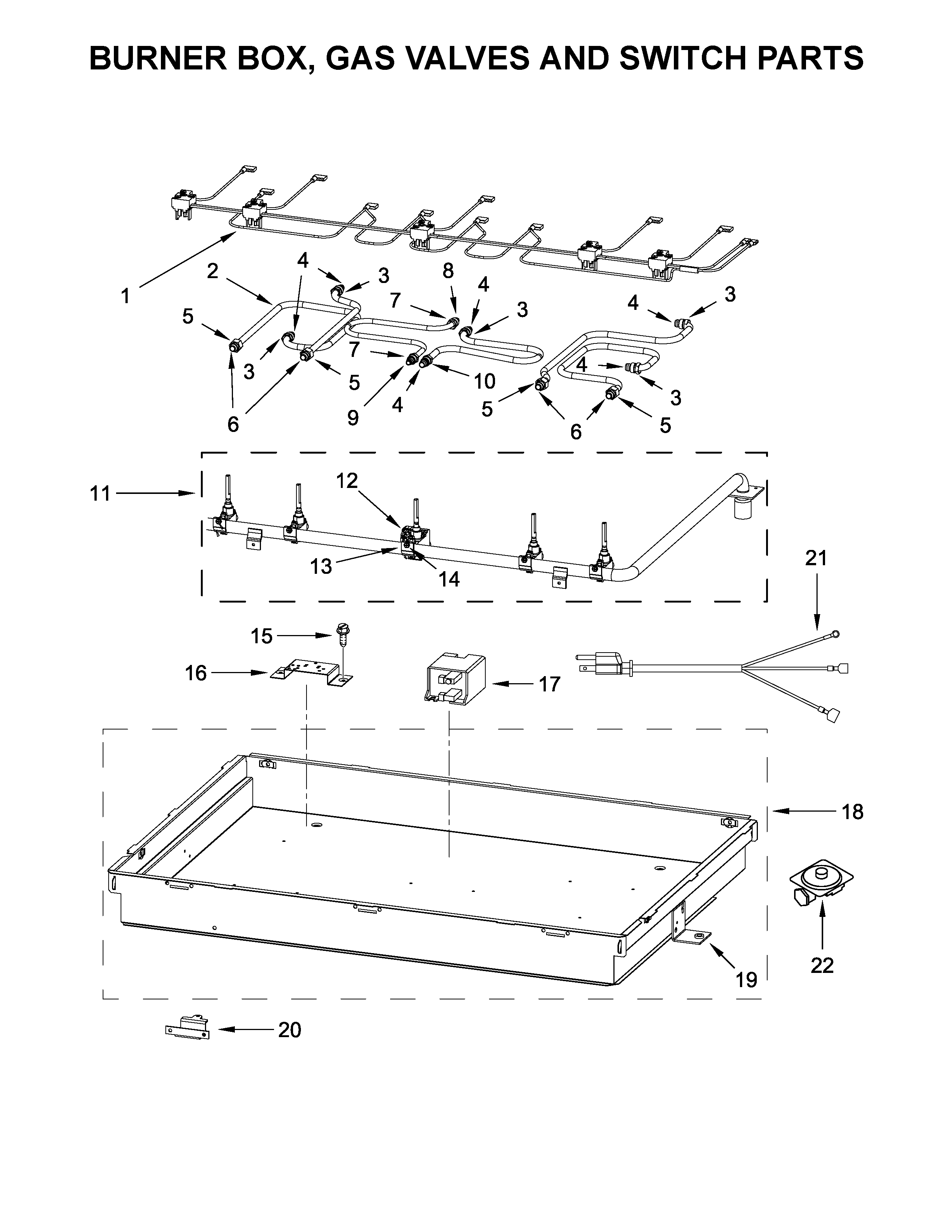 Burner box, gas valves and switch parts