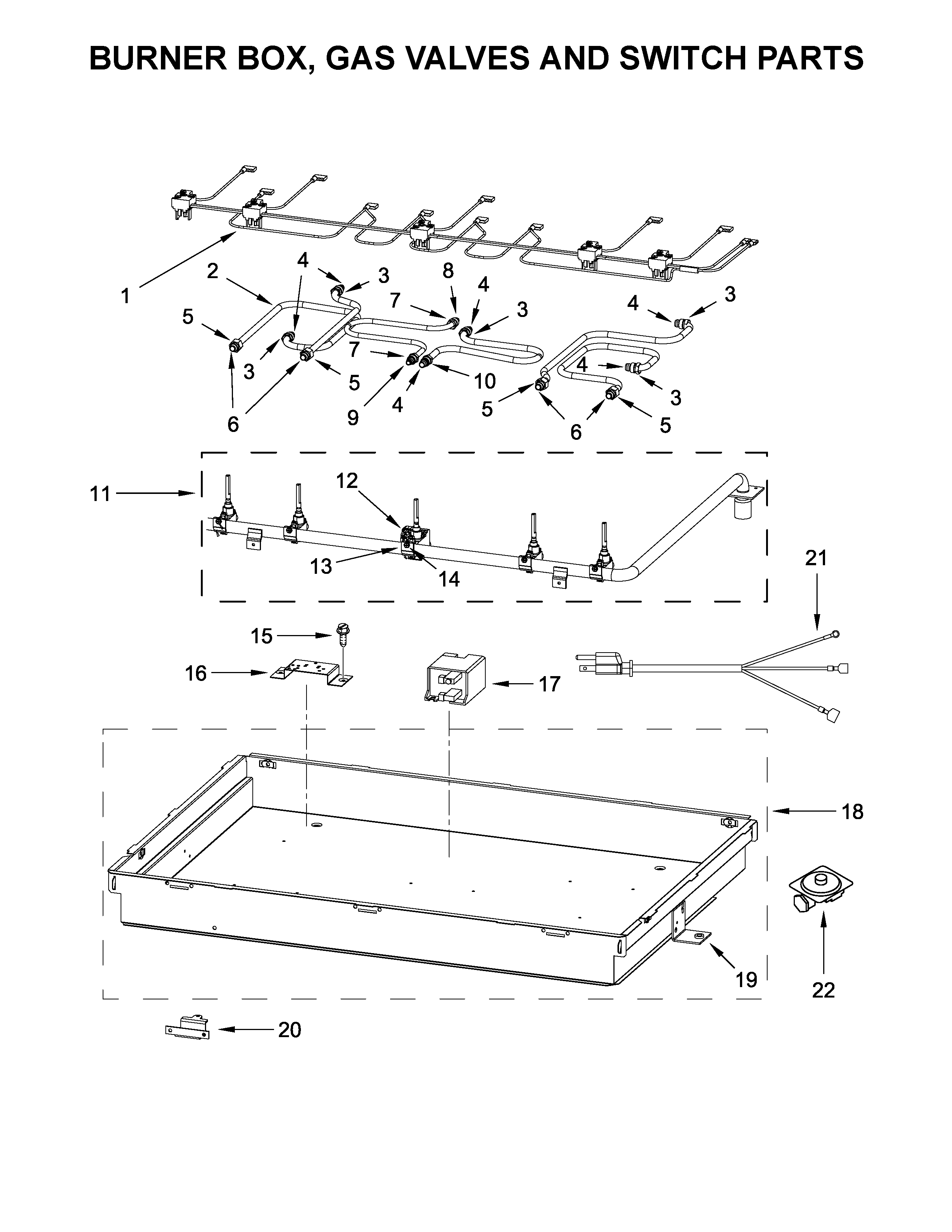 Burner box, gas valves and switch parts