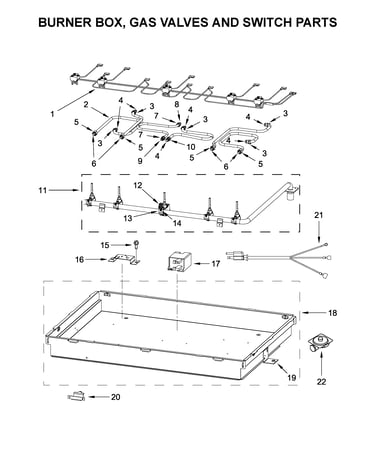 Burner box, gas valves and switch parts