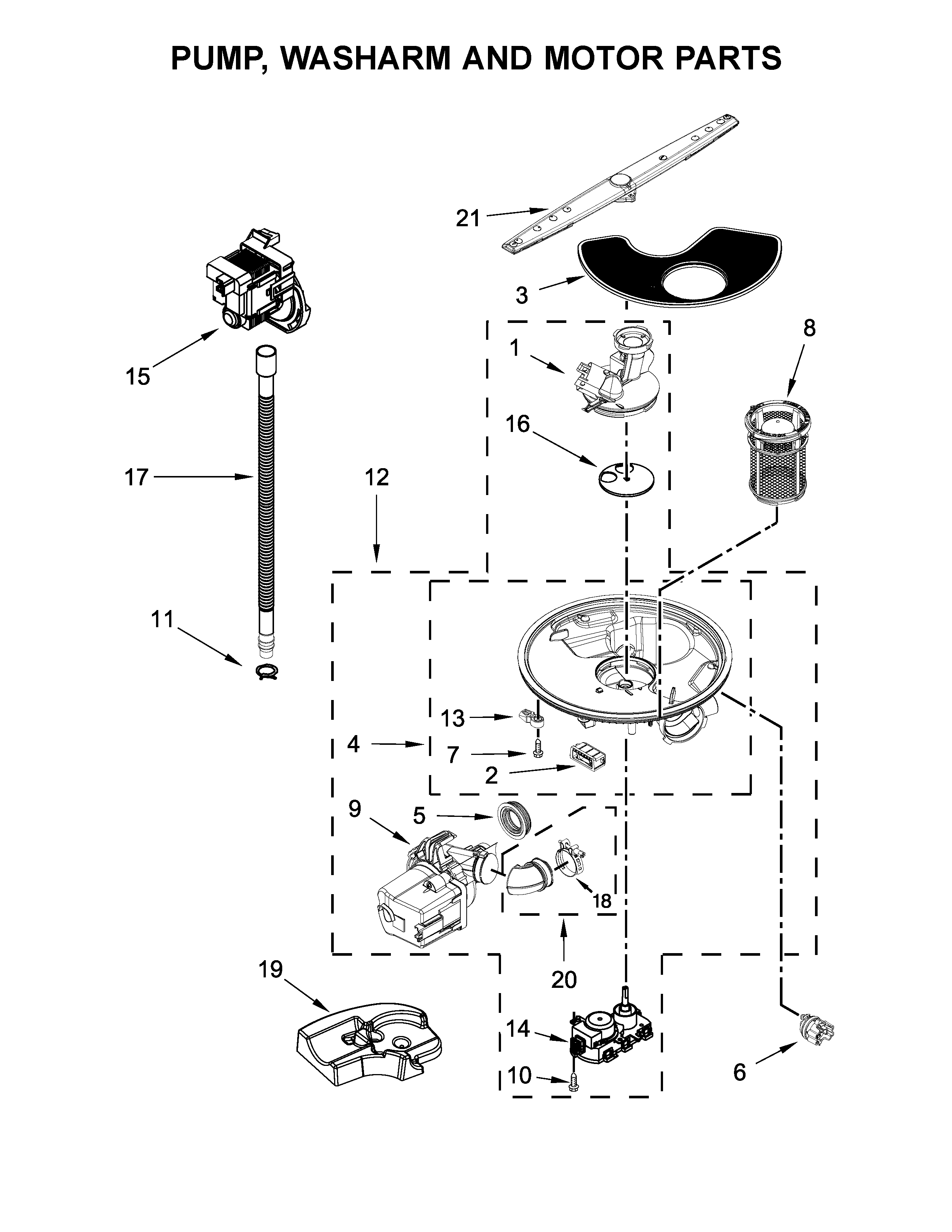 Pump, washarm and motor parts