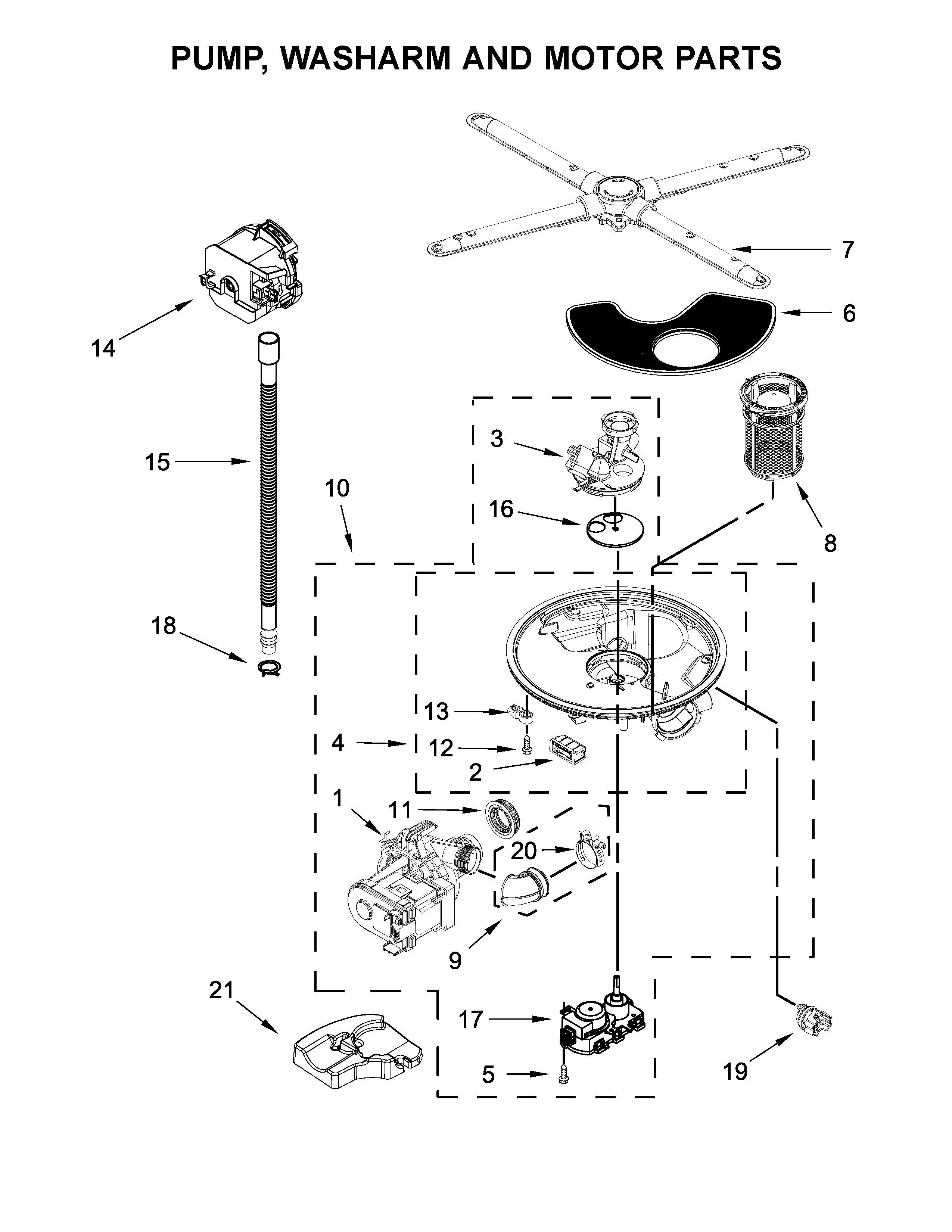 Pump, washarm and motor parts