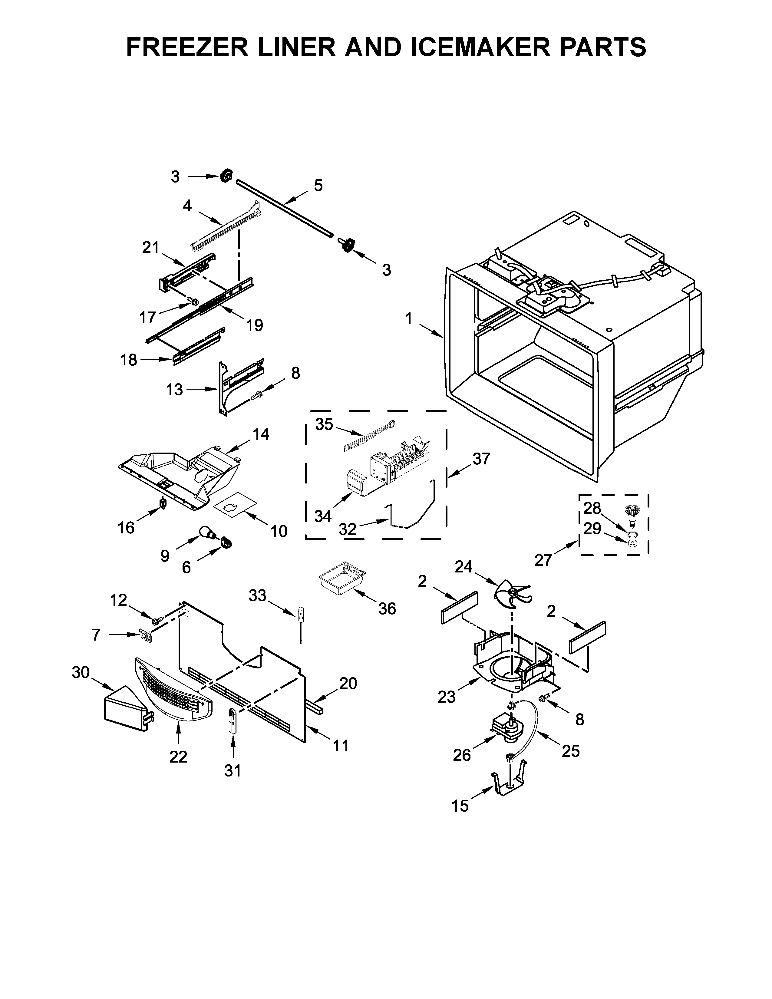 Freezer liner and icemaker parts