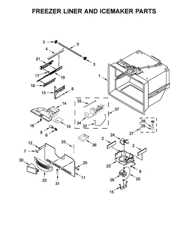 Freezer liner and icemaker parts