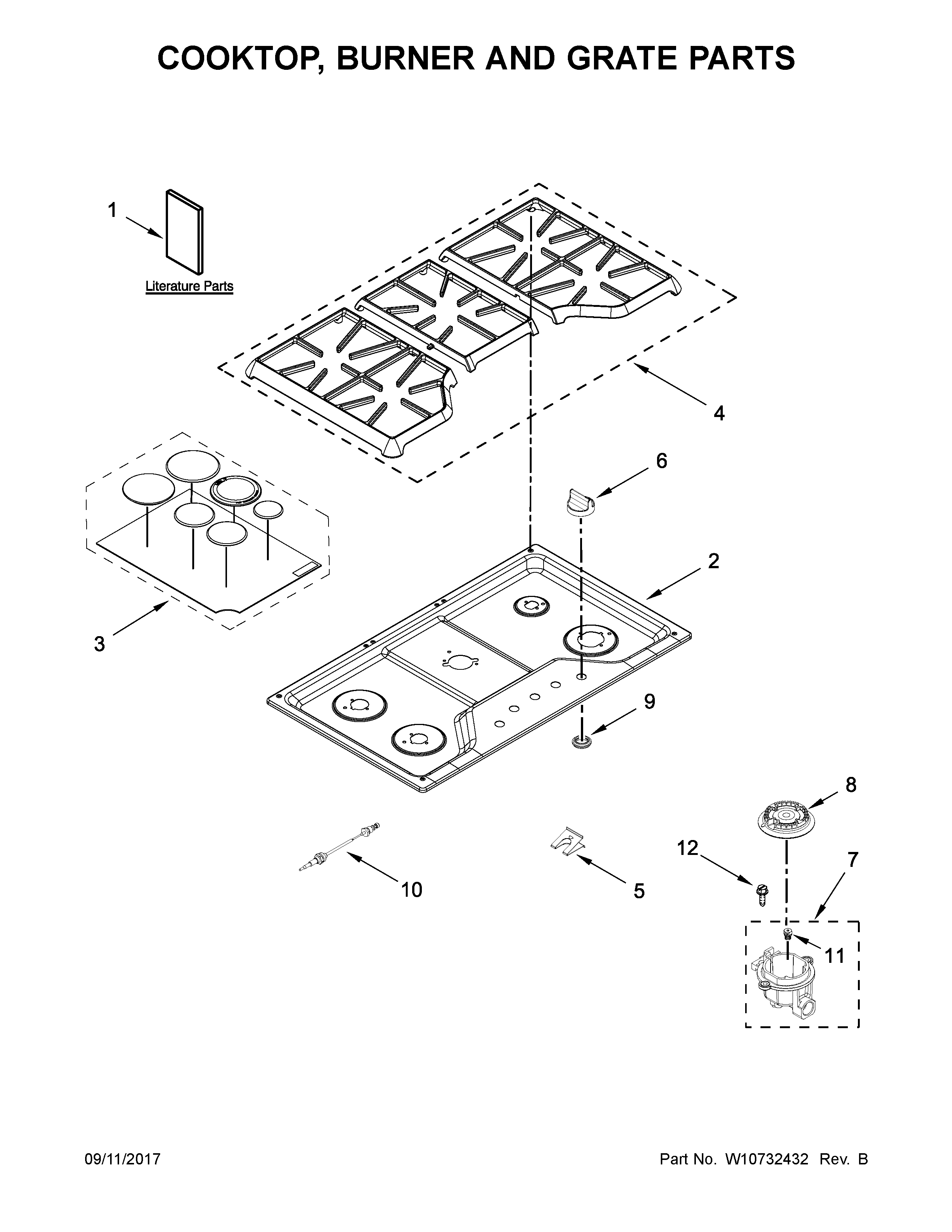 Cooktop, burner and grate parts
