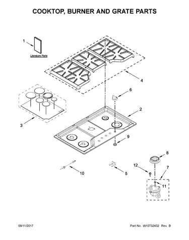 Cooktop, burner and grate parts