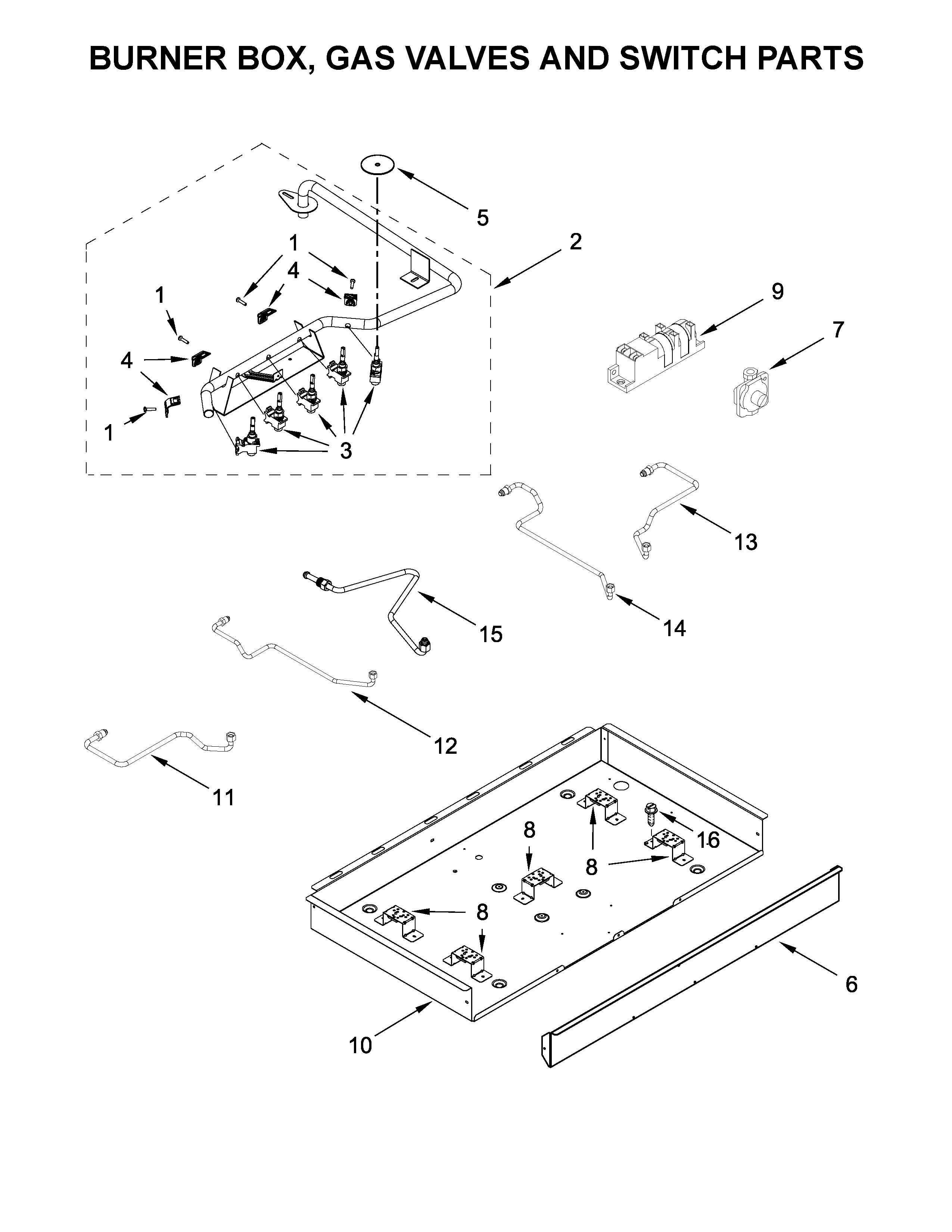 Burner box, gas valves and switch parts