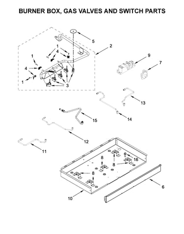 Burner box, gas valves and switch parts
