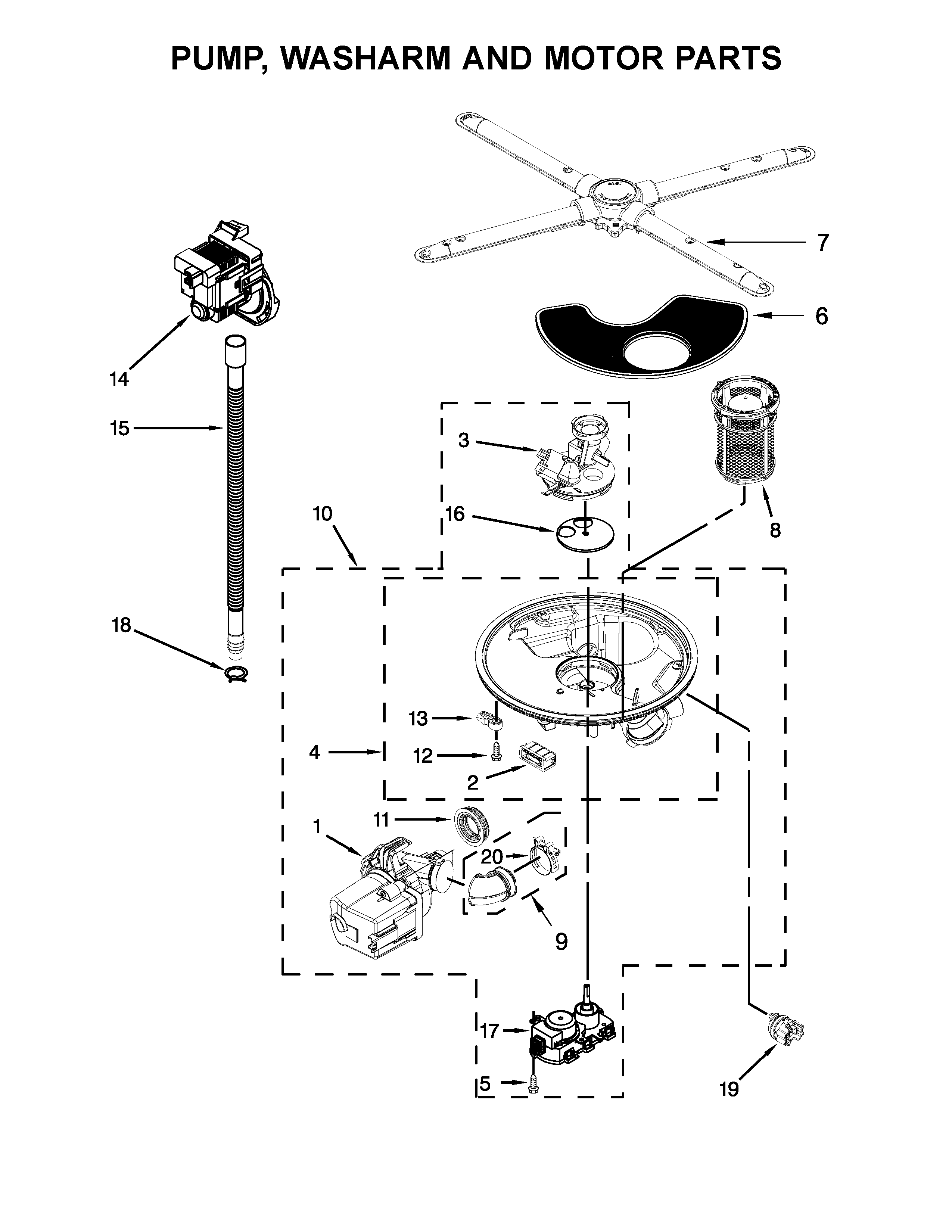 Pump, washarm and motor parts