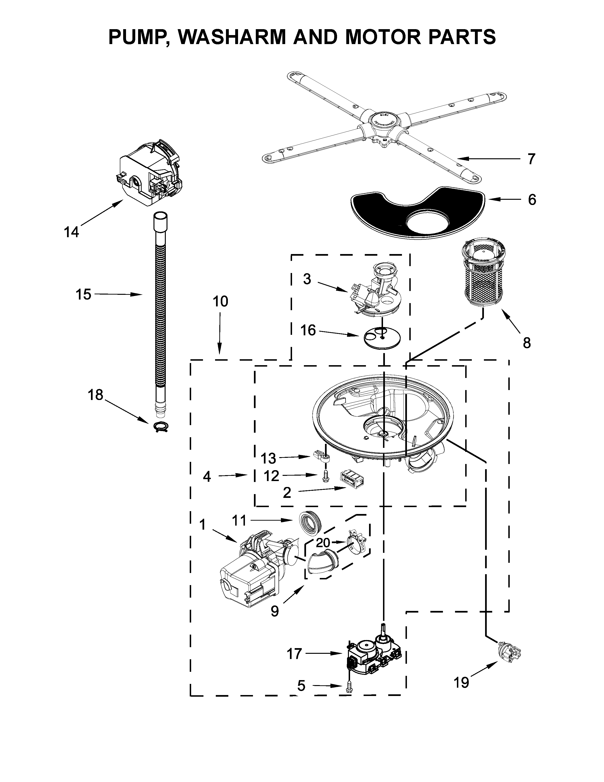 Pump, washarm and motor parts