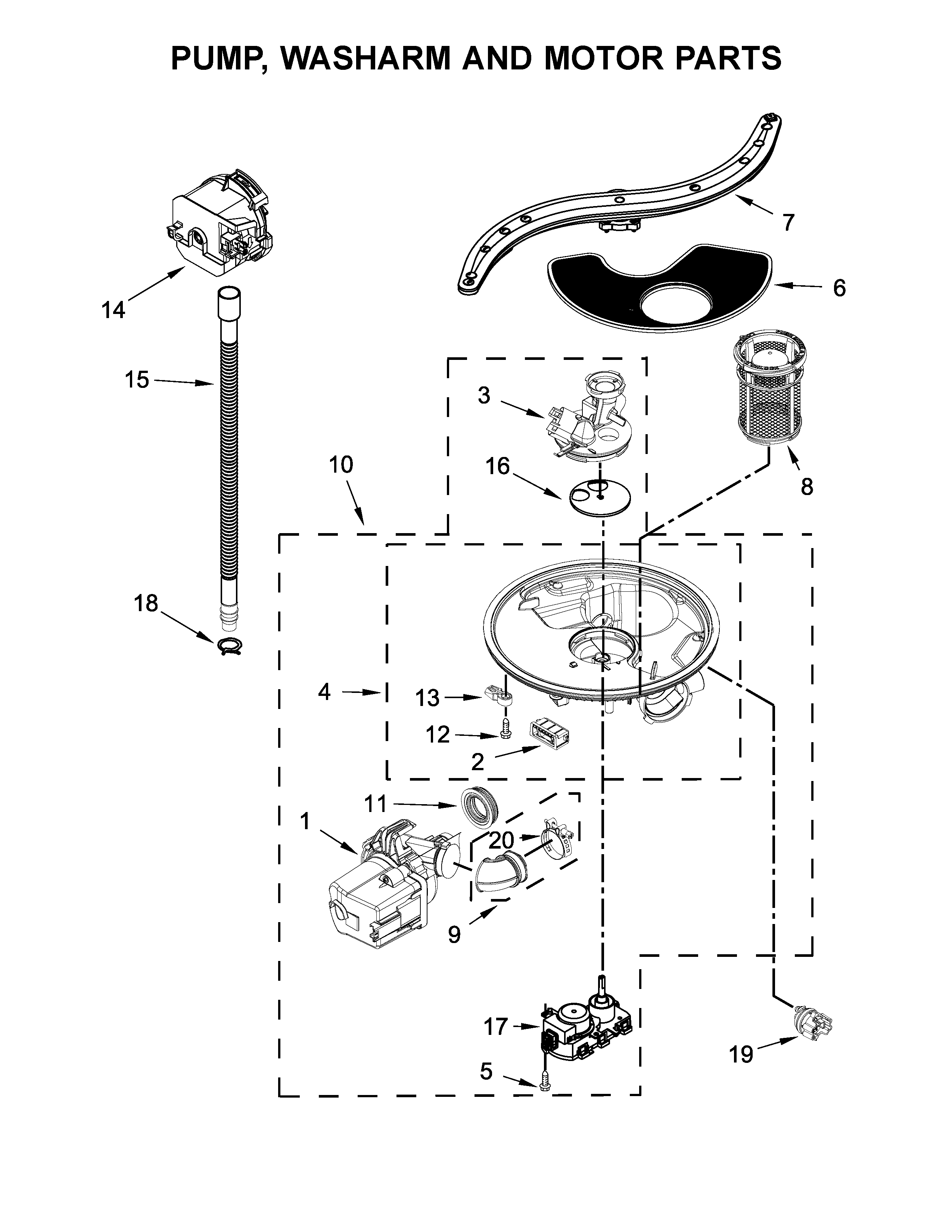 Pump, washarm and motor parts