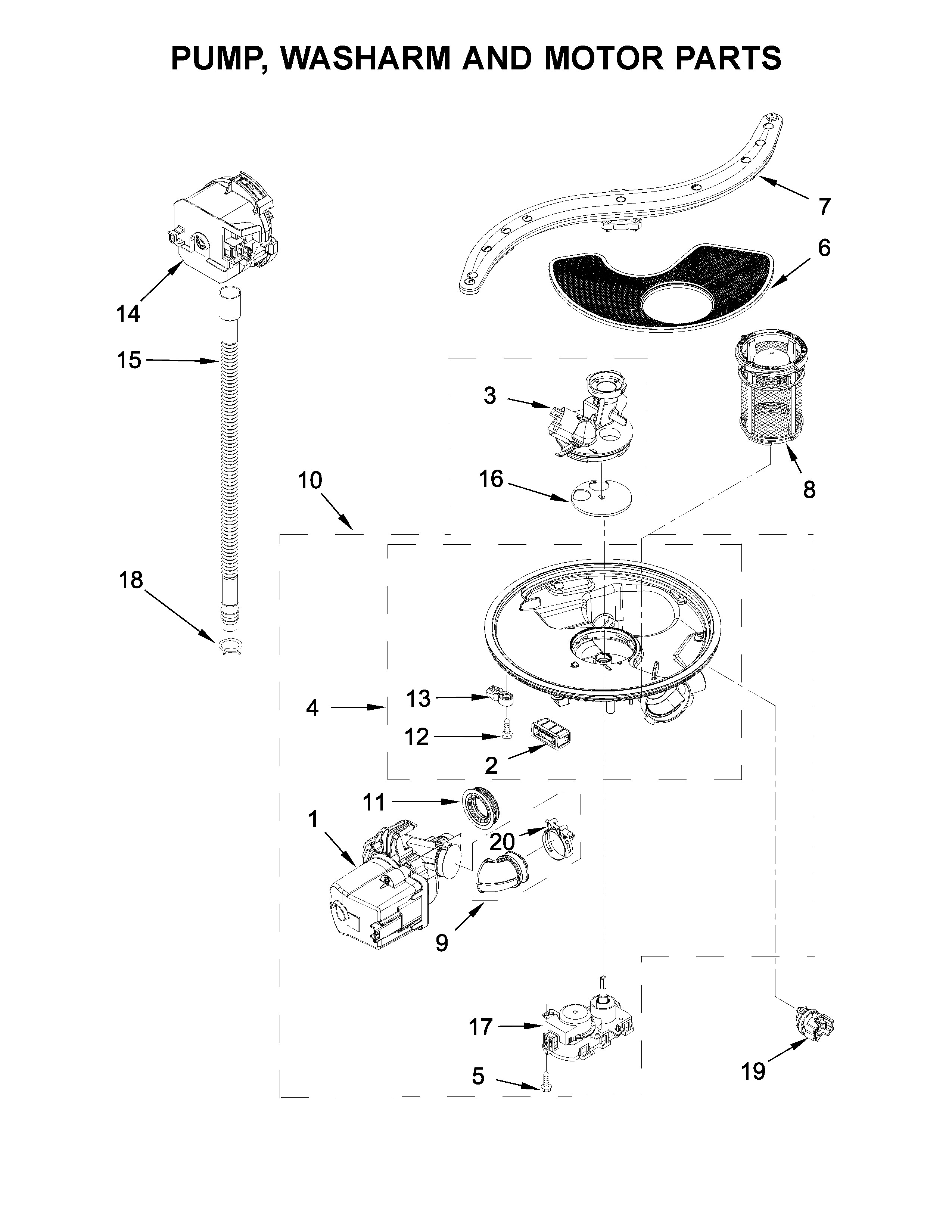Pump, washarm and motor parts