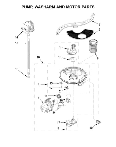 Pump, washarm and motor parts