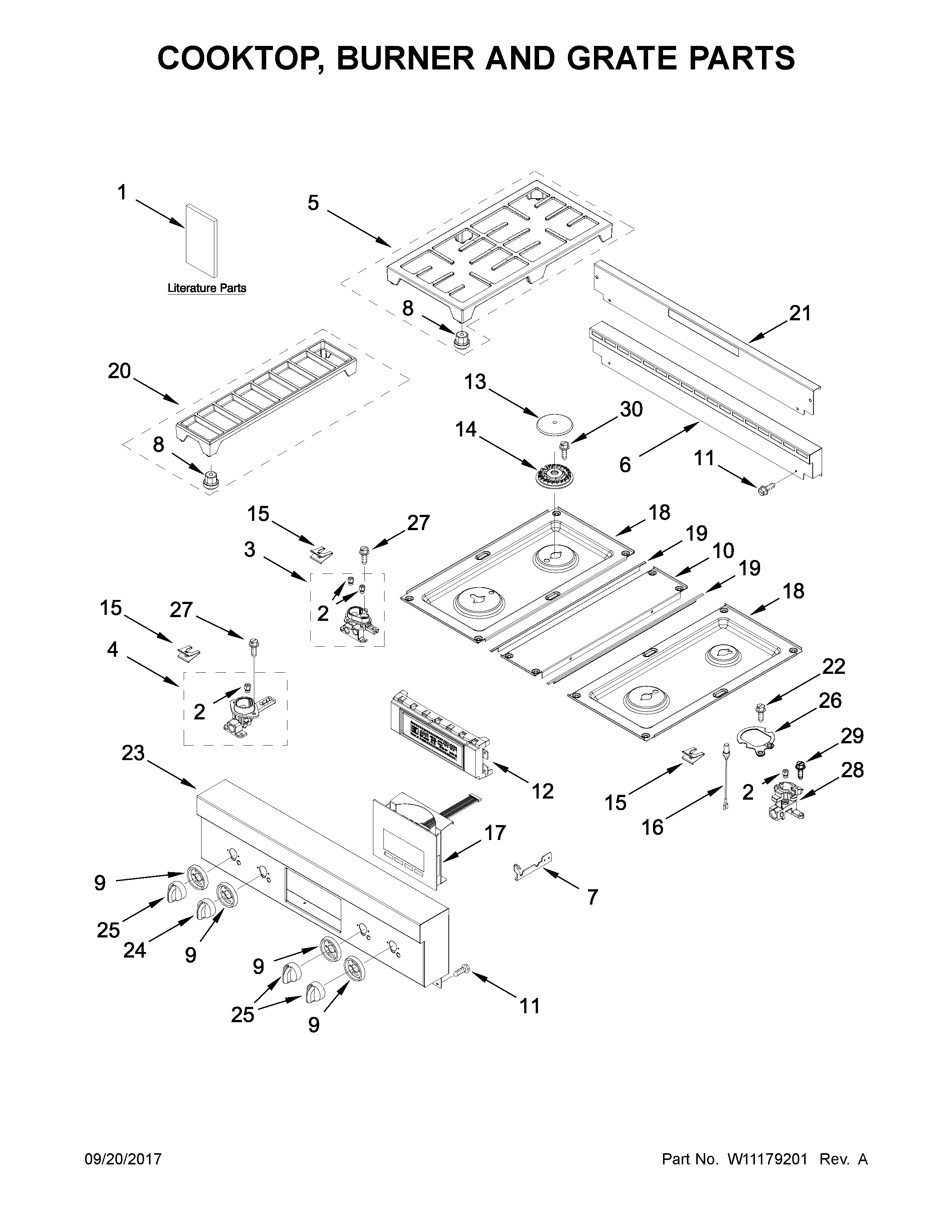 Cooktop, burner and grate parts