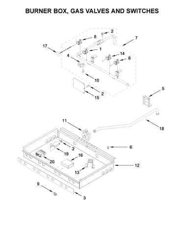 Burner box, gas valves and switches