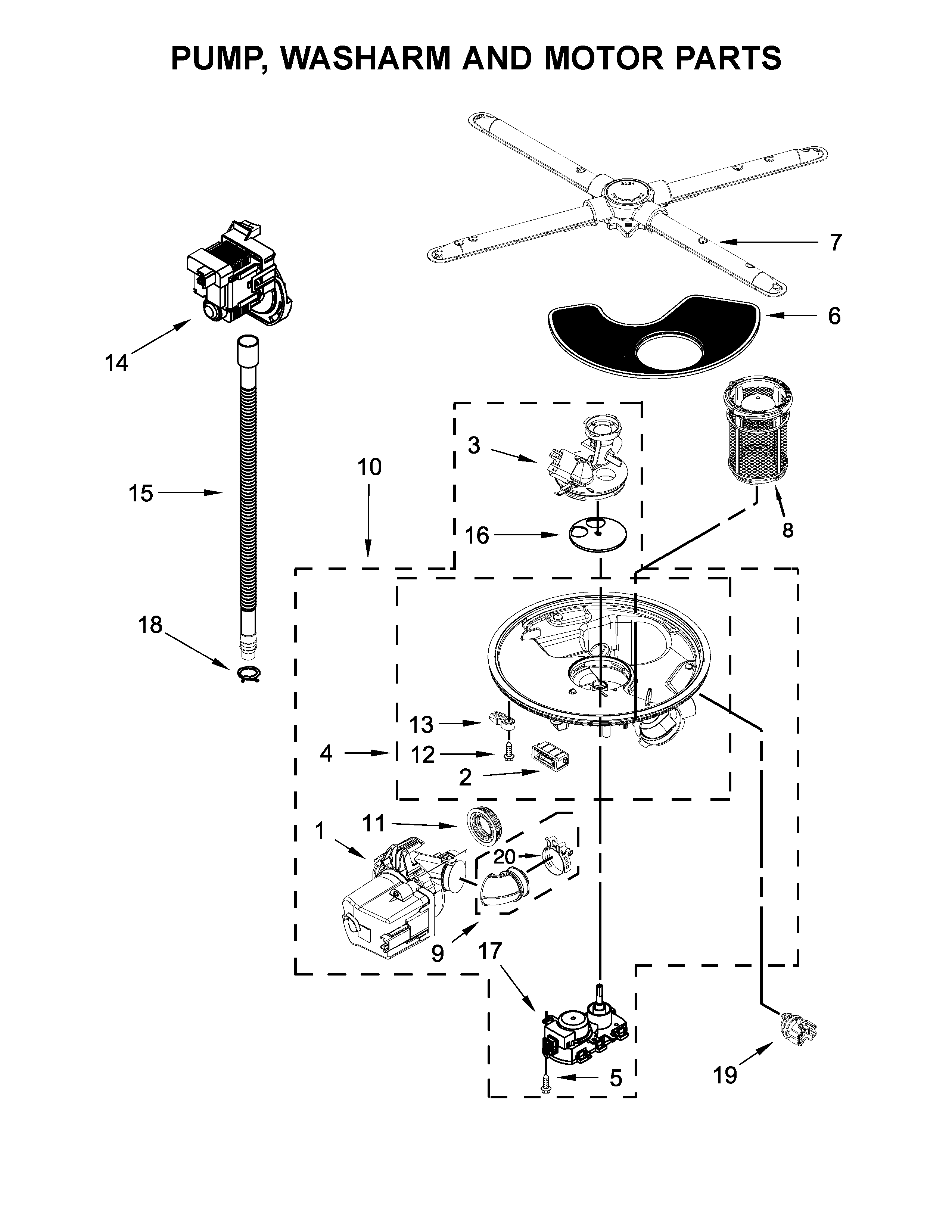 Pump, washarm and motor parts