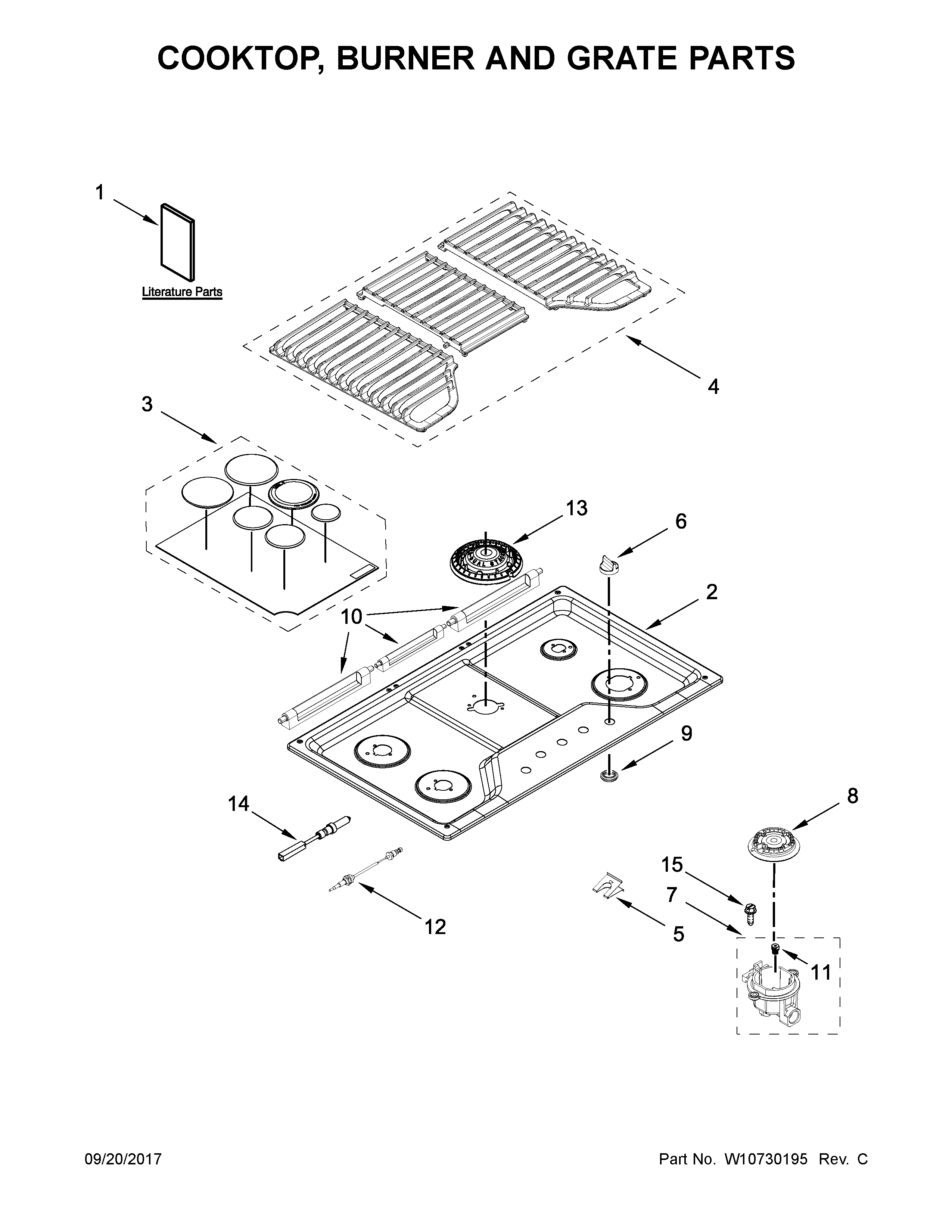 Cooktop, burner and grate parts