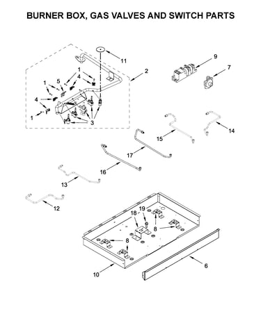 Burner box, gas valves and switch parts