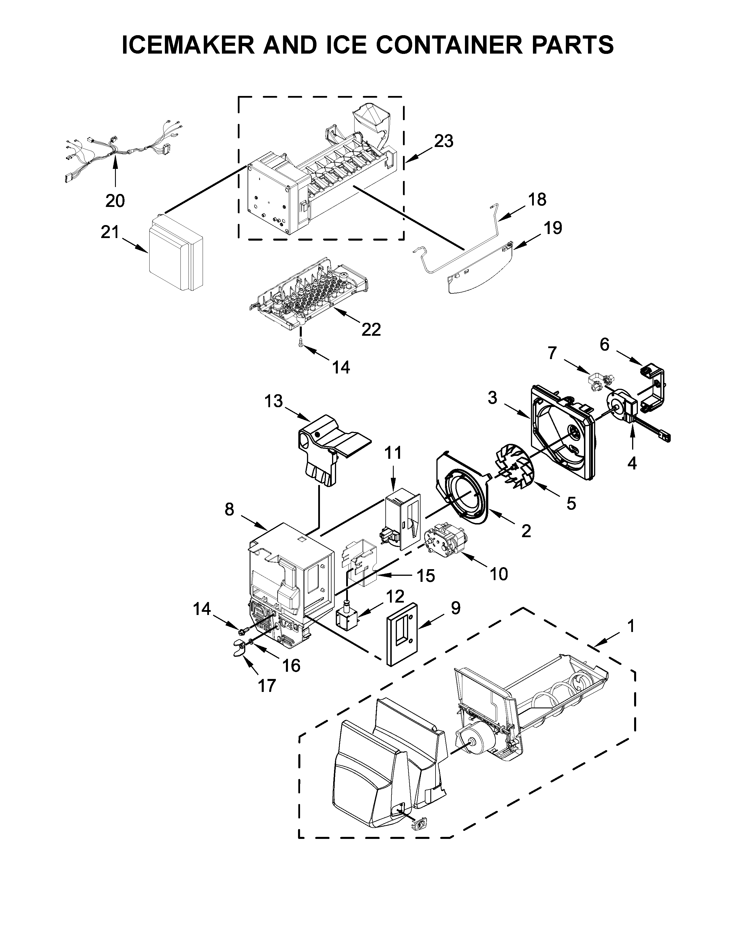 Icemaker and ice container parts