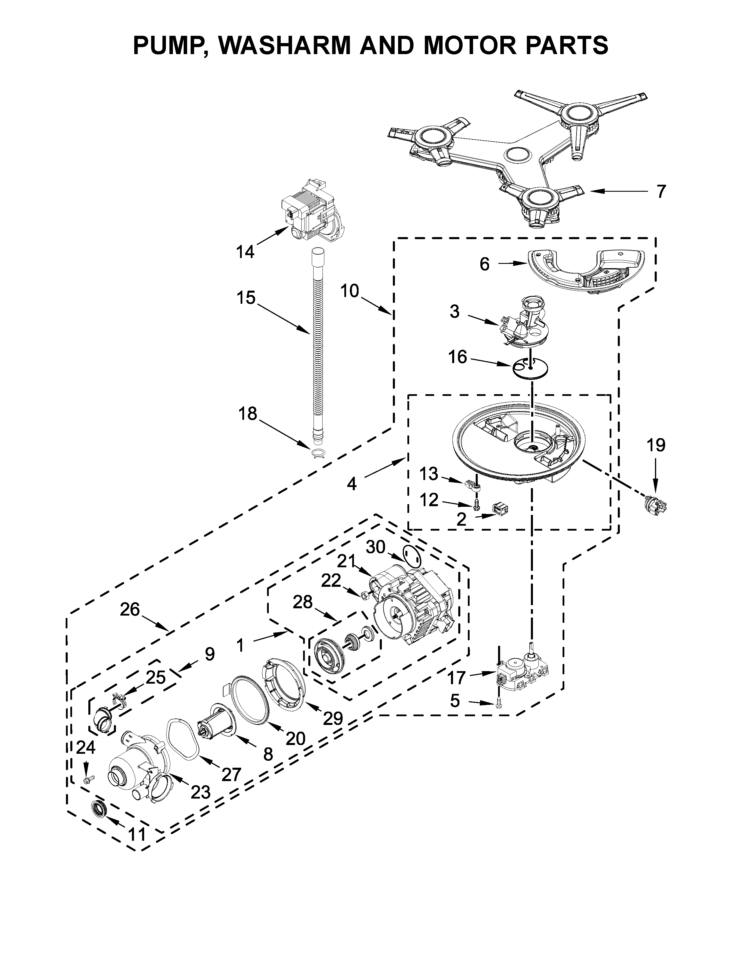 Pump, washarm and motor parts