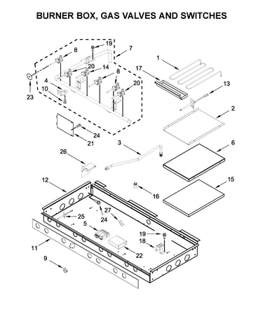 Burner box, gas valves and switches