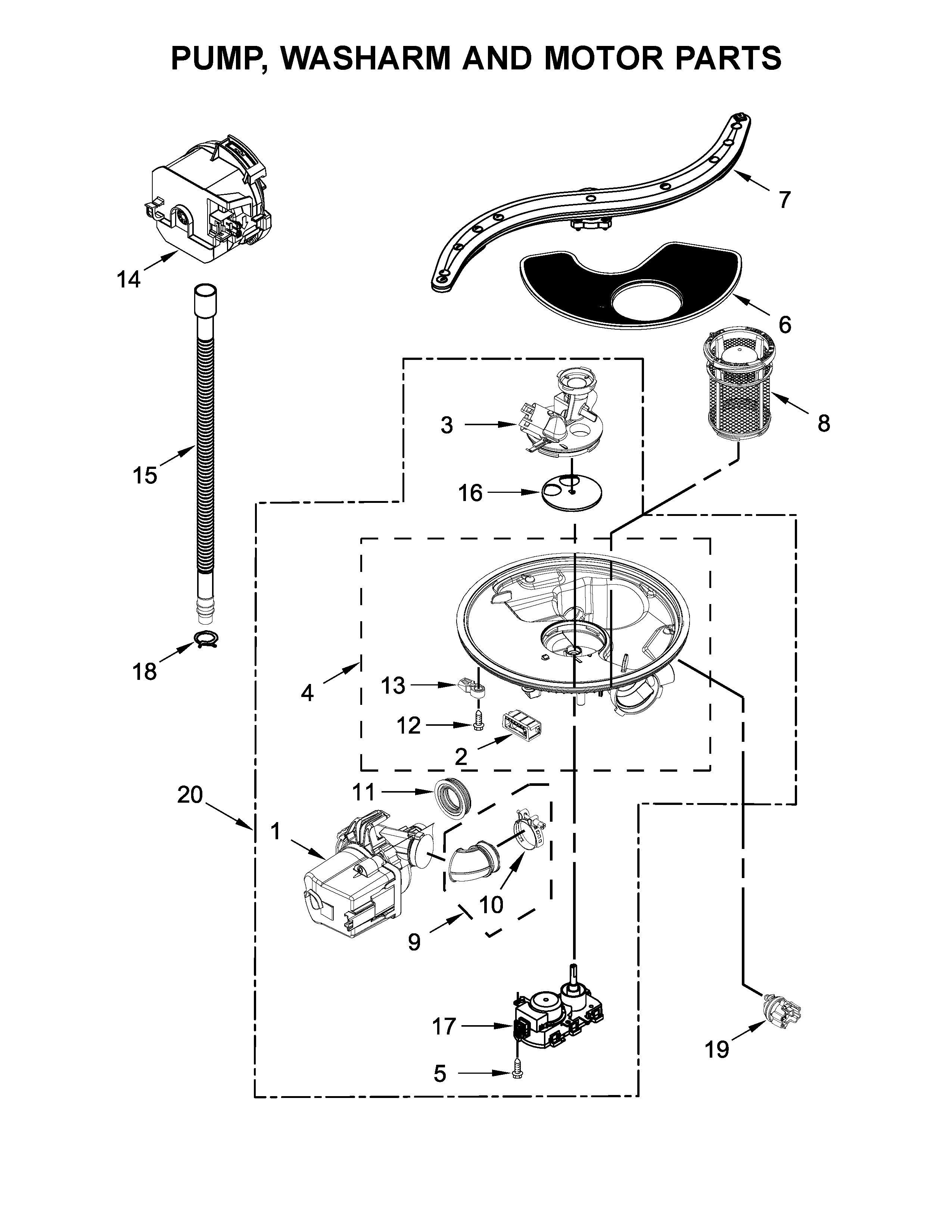 Pump, washarm and motor parts