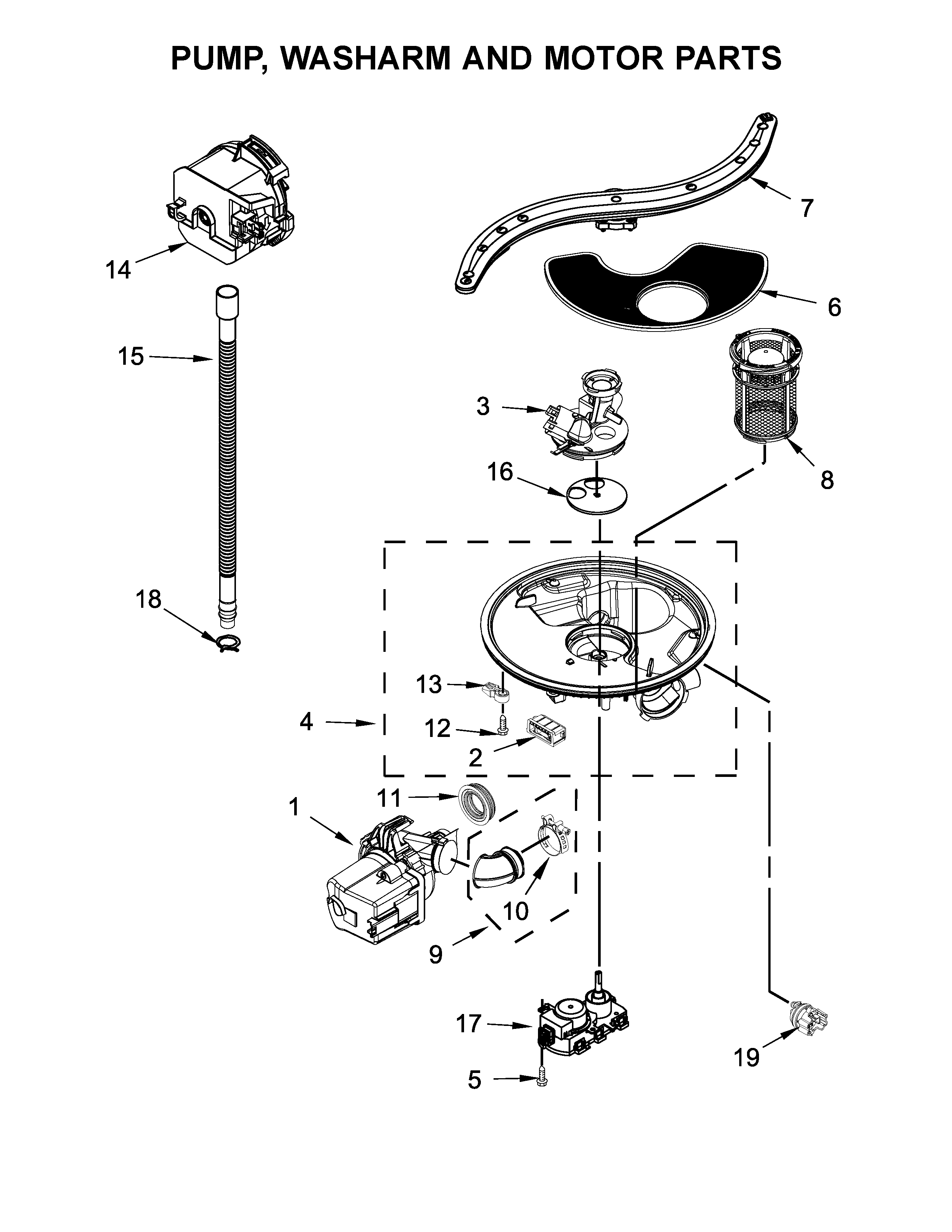 Pump, washarm and motor parts