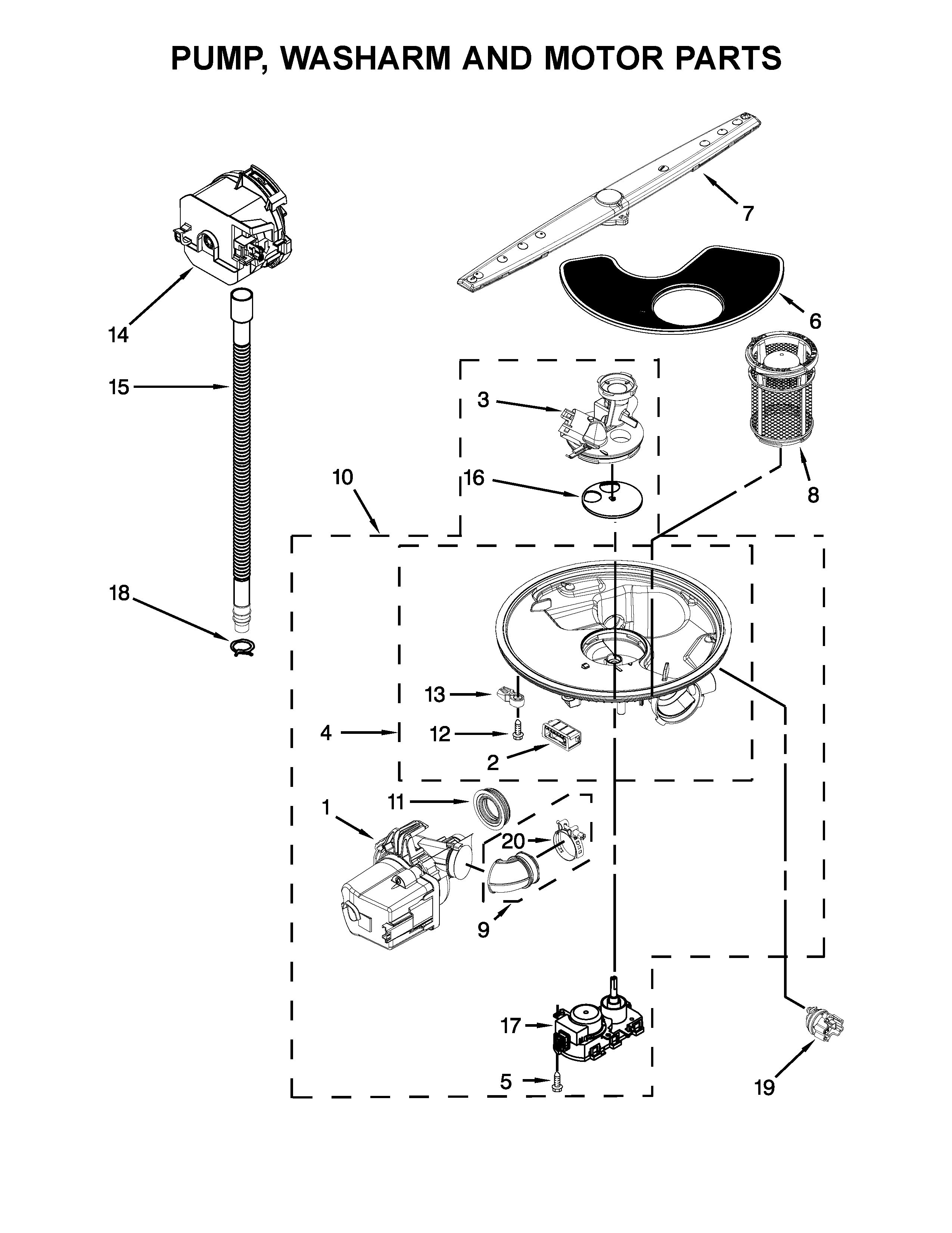 Pump, washarm and motor parts