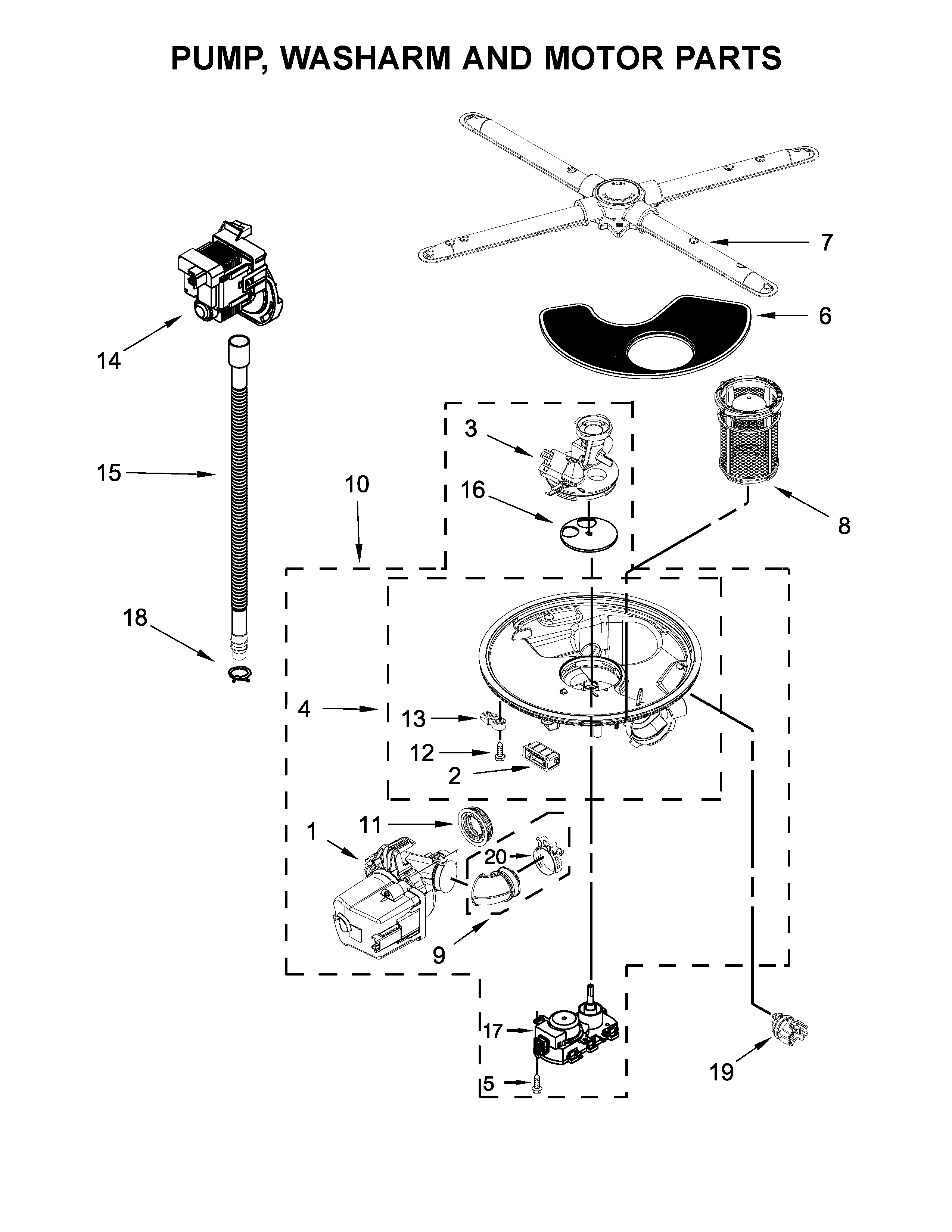 Pump, washarm and motor parts